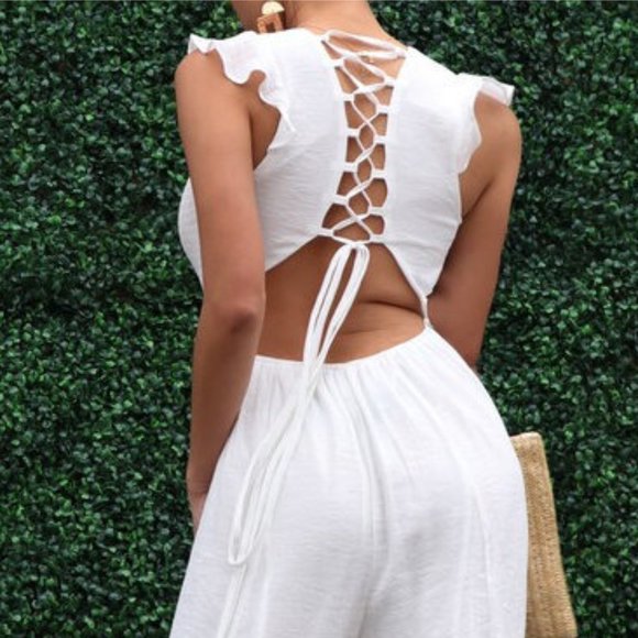White Bohemian Lace Up Back Wide Leg Palazzo Jumpsuit Pantsuit Jumper - Picture 5 of 5